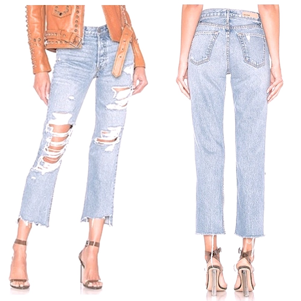 Grlfrnd Helena High Rise Straight Crop Jeans Distressed Premium Denim Size 26
